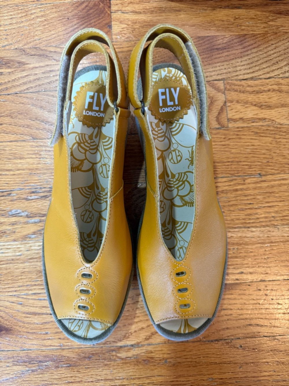 NEW Fly London Women's Mustard Yellow Peep-Toe Slingback Wedge Heels size 39